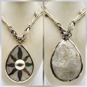 Boho Gold & Cream Abalone Shell Inlay Sunburst Multi-Strand Pendant Necklace